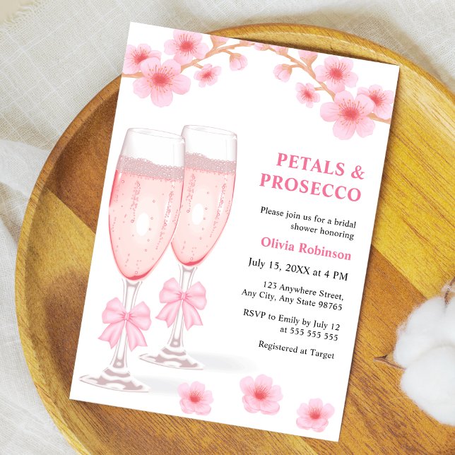 Rosa båge blomblad och Prosecco bröllopsdusch  Inbjudningar (Pink Bow Floral Petals and Prosecco Bridal Shower Invitation )