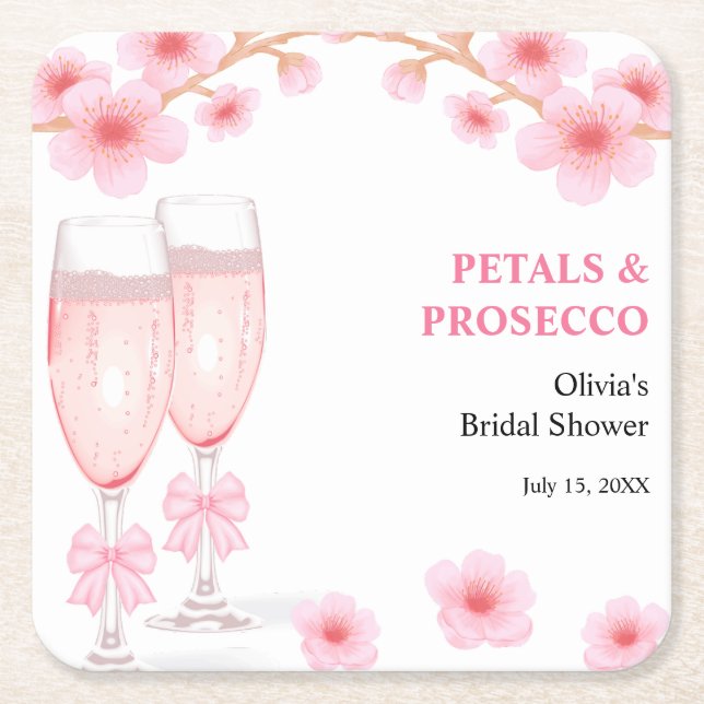 Rosa båge blomblad och Prosecco bröllopsdusch  Underlägg Papper Kvadrat (Framsidan)