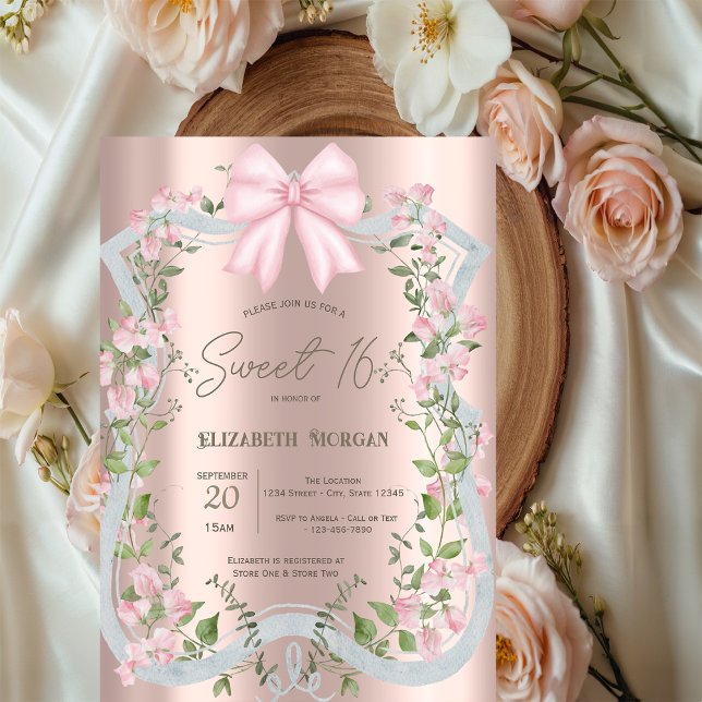 Rosa båge Blommig ram Rosa Guld Sweet 16  Inbjudningar (Skapare uppladdad)