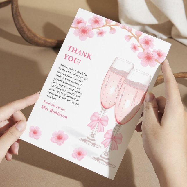 Rosa båge blommiga kronblad och Prosecco bröllopsd Tack Kort (Pink Bow Floral Petals and Prosecco Bridal Shower Thank You Card )