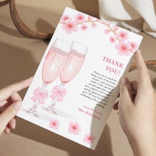 Rosa båge blommiga kronblad och Prosecco bröllopsd Tack Kort