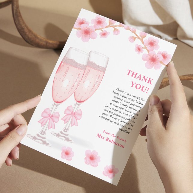 Rosa båge blommiga kronblad och Prosecco bröllopsd Tack Kort (Pink Bow Floral Petals and Prosecco Bridal Shower Thank You Card )