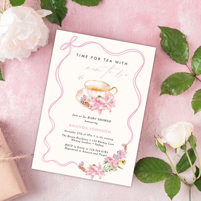 Rosa båge Dags för te Kommande mamma baby shower Inbjudningar (Skapare uppladdad)