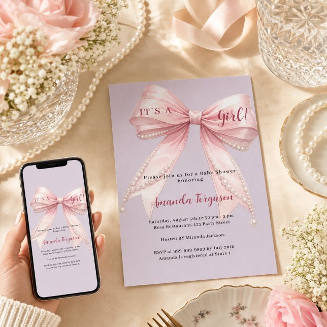 Rosa båge det är en flicka lila Baby Shower Inbjudningar (Skapare uppladdad)