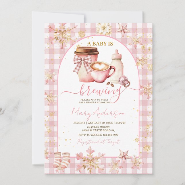 Rosa båge gingham-bebis brygger baby shower inbjudningar (Framsida)