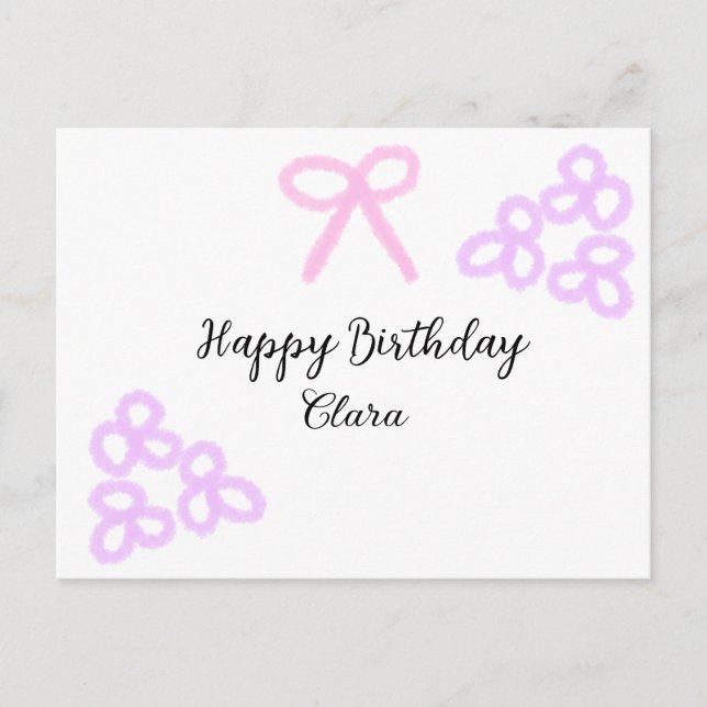 Rosa båge lila blommig pastell glad födelsedag  vykort (Framsida)