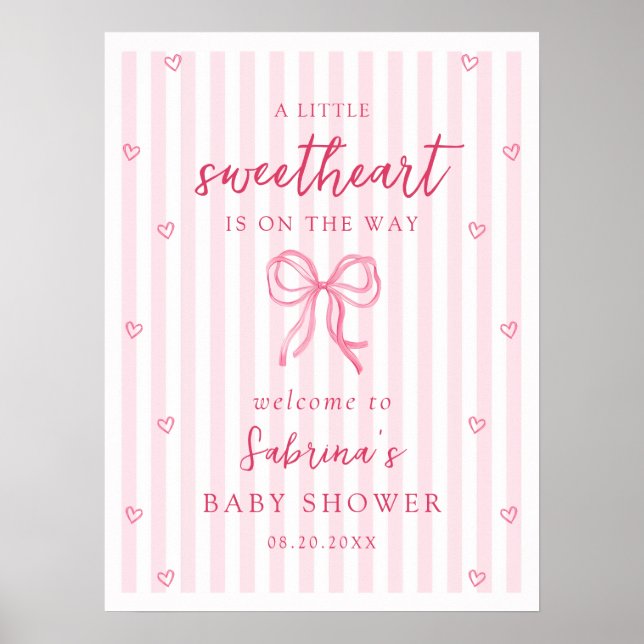 Rosa båge lilla hjärta bebis shower välkommen poster (Framsidan)