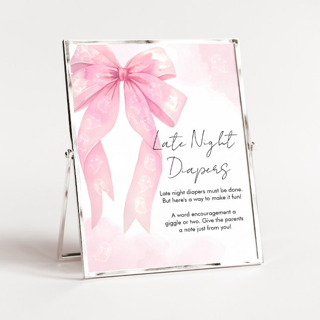 Rosa båge Little Boo Shower Sent natt blöjor skylt (Girl Coquette Halloween Baby Shower Late Night Diapers Sign)