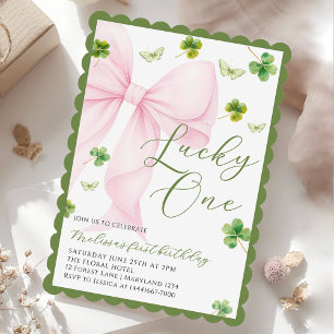 Rosa båge Lucky One Shamrock-klöver 1-års födelsed Inbjudningar