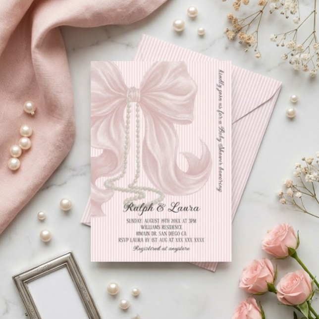 Rosa båge med pärl flicka baby shower inbjudningar (Skapare uppladdad)