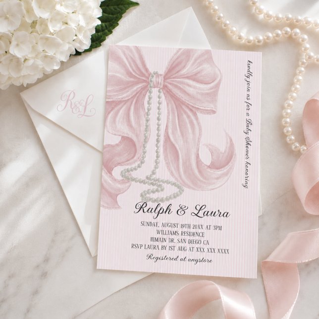 Rosa båge med pärl flicka baby shower inbjudningar (Skapare uppladdad)