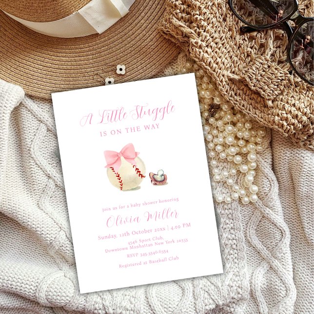 Rosa Båge Napp Baseboll Sport Flick Baby Shower Inbjudningar (Pink Bow Pacifier Baseball Sport Girl Baby Shower Invitation)