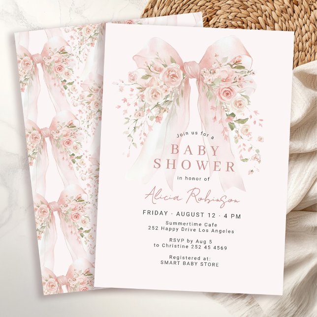 Rosa båge söt blommande babyflicka shower inbjudningar (Skapare uppladdad)
