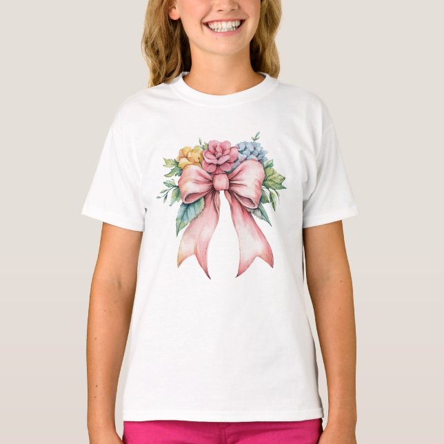 Rosa båge Vattenfärg Blommor Coquette Flickor T Shirt (Framsida)