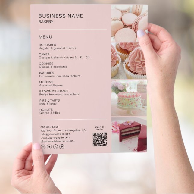 Rosa Bageriets Meny med Bilder & QR-kod (Pink Bakery Menu with Photos & QR Code Flyer)