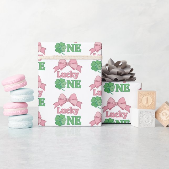 Rosa bågklöver Lucky One tjej 1-årsdag Presentpapper (Baby Shower)