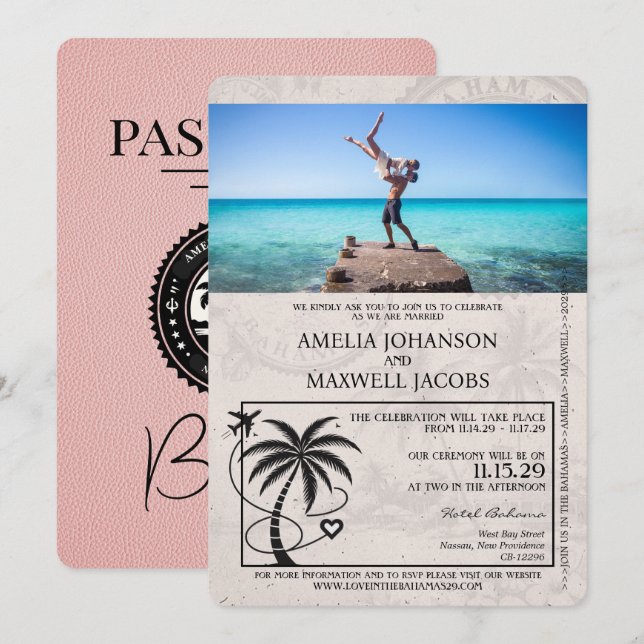 Rosa Bahamas-inbjudan till passbröllop Inbjudningar (Fram/baksida)