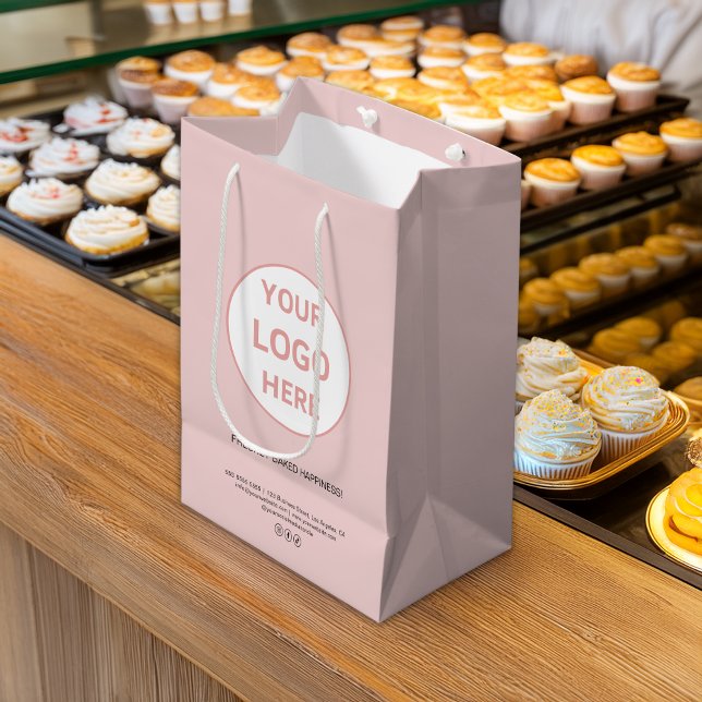 Rosa Bakery Business i Modern Anpassningsbar Logot (Modern Custom Logo Pink Bakery Business Medium Gift Bag)