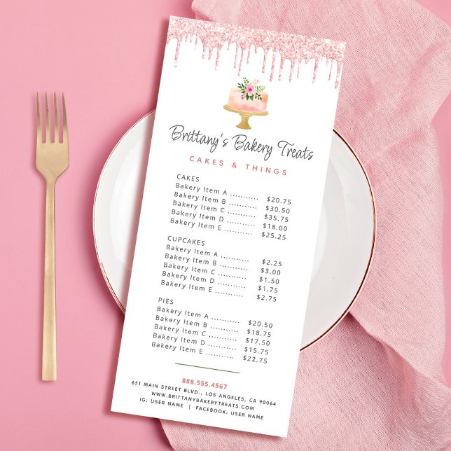  Rosa Bakery Cake Glitter Pastry Chef Menu Reklamkort (Skapare uppladdad)