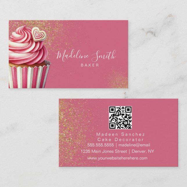 Rosa Bakery Glitter Muffins Barcode Visitkort (Fram/baksida)