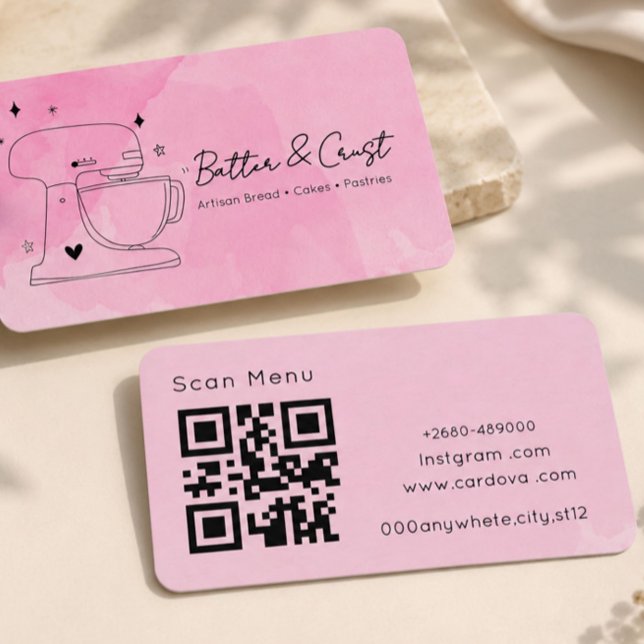 Rosa Bakery QR-kod Affärskort | Akvarell Bak Visitkort (Skapare uppladdad)