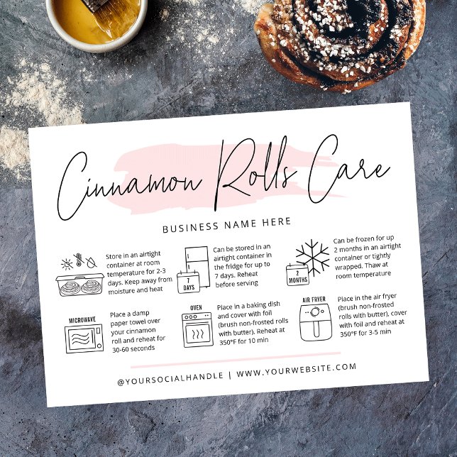 Rosa Bakery Tack Kort (Cinnamon rolls care and reheating instructions postcards with a modern blush pink watercolor design)