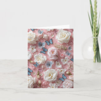 Rosa bakgrund, fjärilar & blommor Tom kort