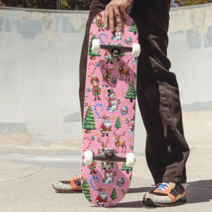 Rosa bakgrund jul dekorativt mönster mini skateboard bräda 18,5 cm