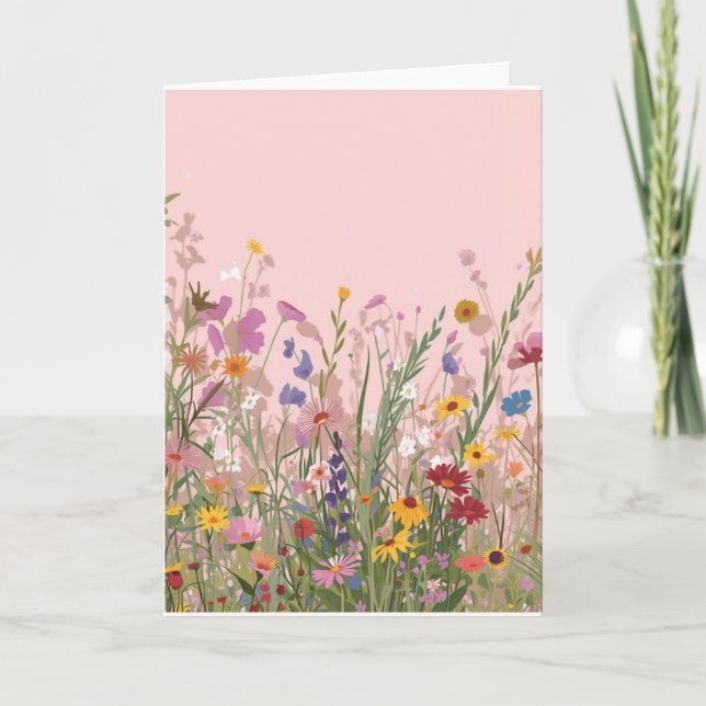 Rosa bakgrund med vilda blommor tom kort (Framsida)