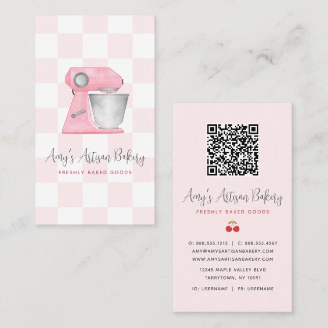 Rosa Bakmixar Rutat Mönster QR-kod Visitkort (Fram/baksida)
