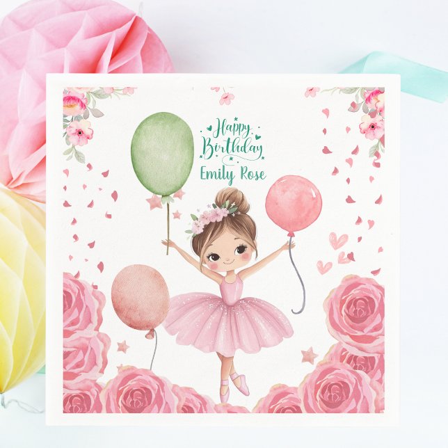 Rosa balett tema med namn & ballonger pappersservett (Personalized Ballerina Birthday Party Napkins - Pink Ballet Theme with Name & Balloons)