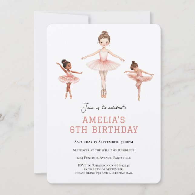 Rosa balett Tutu Ballerina Flicka - 6-års födelsed Inbjudningar (Framsida)