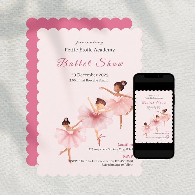 Rosa balettelever dansuppvisning  inbjudningar (Pink Ballet School Kids Dance Show Invitation)