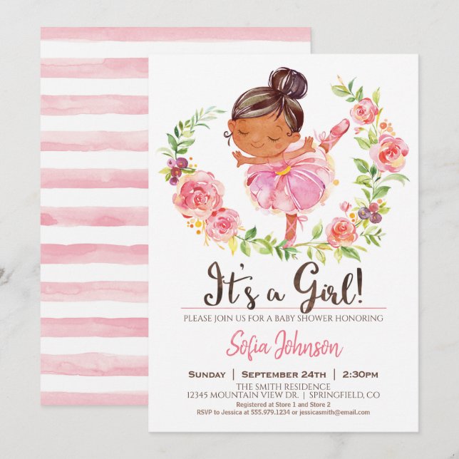 Rosa Ballerina Baby Shower Girl-inbjudan Inbjudningar (Fram/baksida)