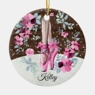 Rosa Ballerina Ballet Shoes Blommigt Vattenfärg Julgransprydnad Keramik