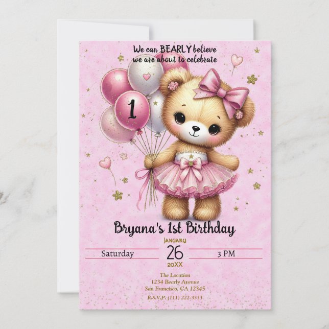 Rosa Ballerina Bear Glitter Balloon 1:a födelsedag Inbjudningar (Framsida)