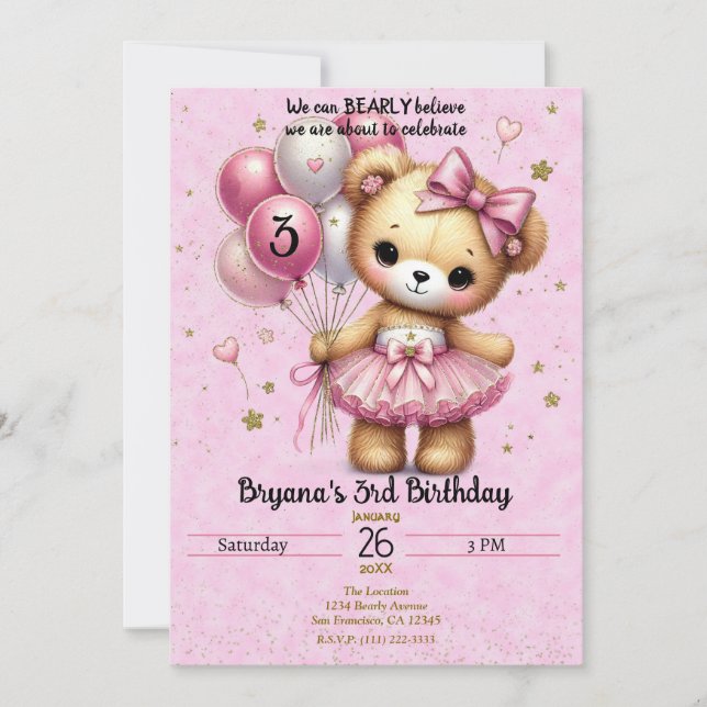 Rosa Ballerina Bear Glitter Balloon Födelsedagsfes Inbjudningar (Framsida)