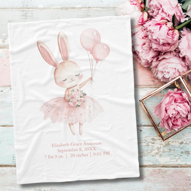 Rosa Ballerina Bunny Birth Stats Personlig Baby Fleecefilt (Pink Bunny Ballerina with Pink Flowers and Balloons Birth Stats Baby Girl Baby Blanket)