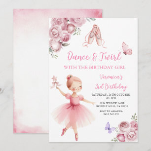 Rosa ballerina dans & snurr 3-års födelsedag inbjudningar