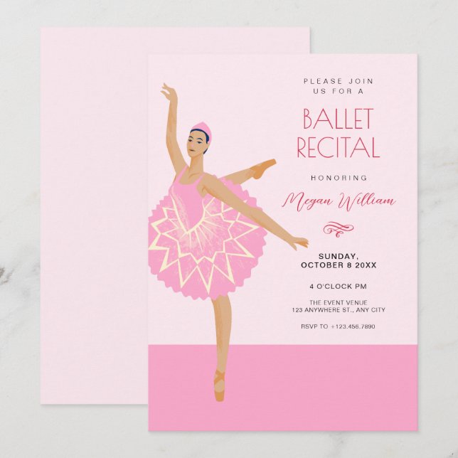 Rosa Ballerina-dansbalett skäl Inbjudningar (Fram/baksida)