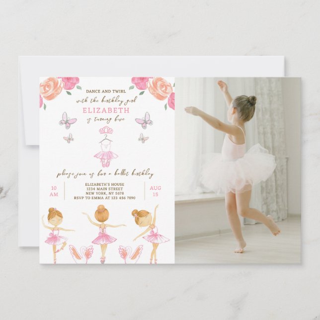 Rosa Ballerina födelsedagsinbjudan med foto Inbjudningar (Framsida)