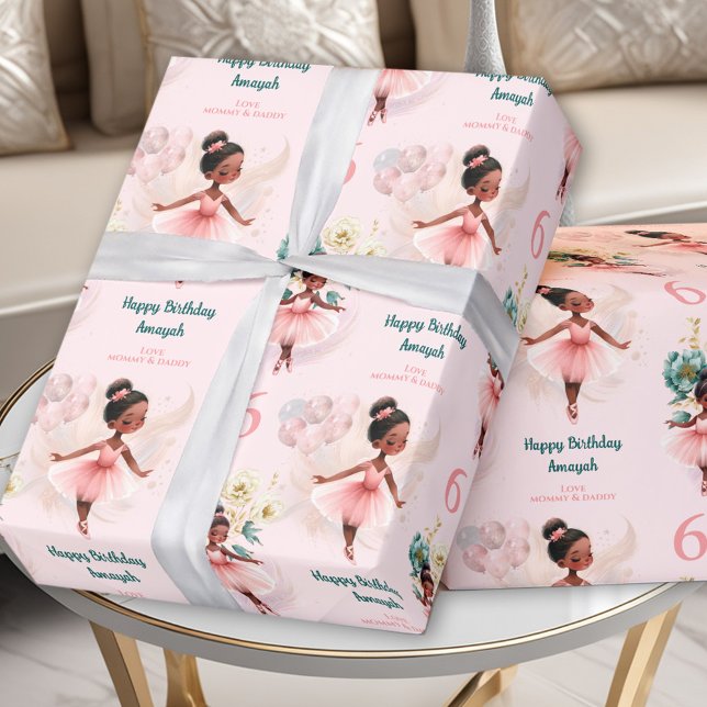 Rosa Ballerina Girl Birthday Mörk Skin eget namn Presentpapper (Pink Ballerina Girl Birthday Dark Skin Custom Name Wrapping Paper)