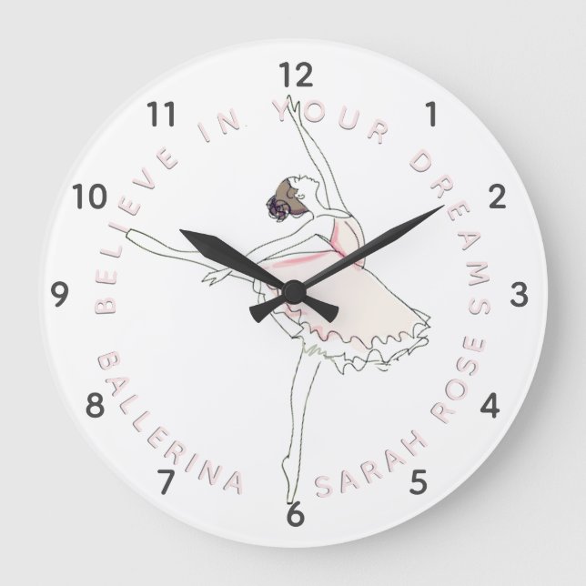 Rosa Ballerina Girl Personlig Namn Clock Stor Klocka (Framsida)