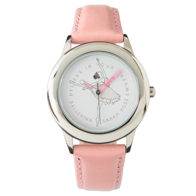 Rosa Ballerina Girl Personlig Namn Dreams Watch Armbandsur (Framsida)
