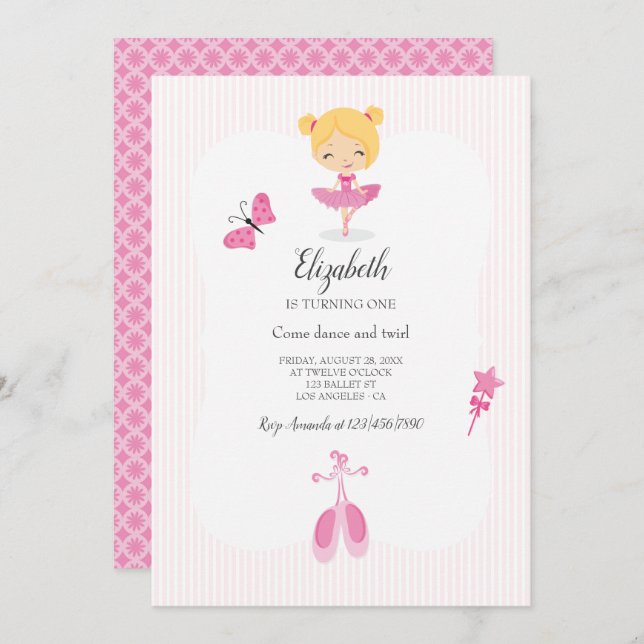 Rosa Ballerina Party Inbjudningar (Fram/baksida)