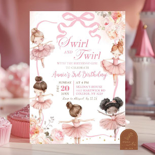 Rosa Ballerina Swirl och Twirl Birthday Inbjudningar