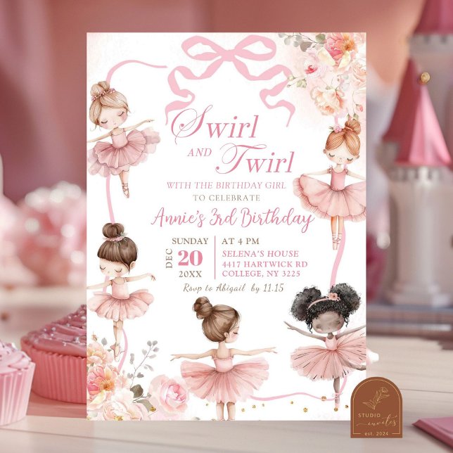 Rosa Ballerina Swirl och Twirl Birthday Inbjudningar (Skapare uppladdad)