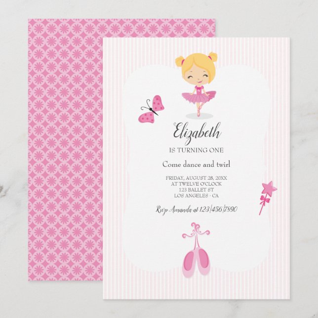 Rosa ballerinaparty inbjudningar (Fram/baksida)