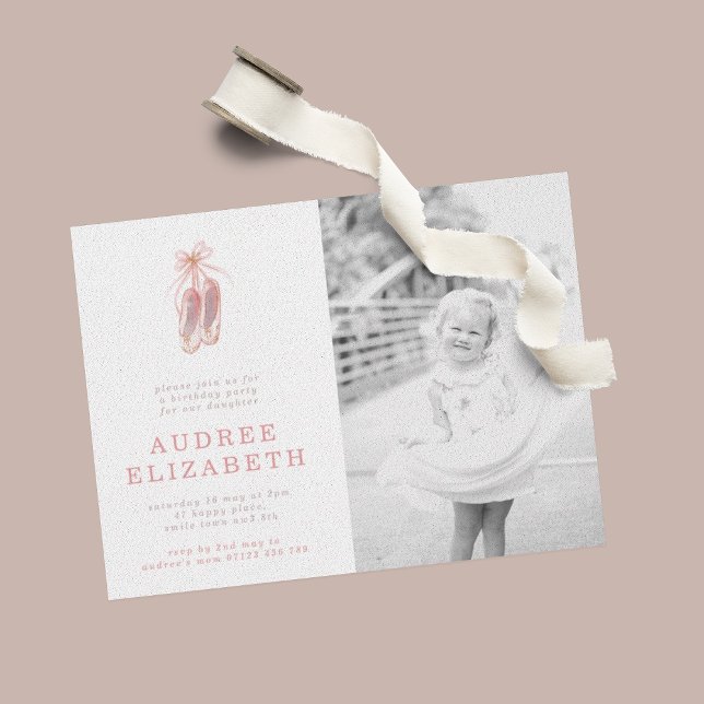 Rosa ballerinaskor flickor foto födelsedagsfest inbjudningar (Skapare uppladdad)