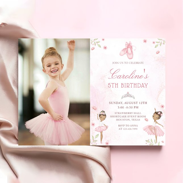 Rosa Ballet Dancer Ballerina Birthday Photo Inbjudningar (Skapare uppladdad)